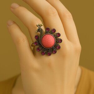 Vintage Peacock Ring – Pink Gemstones & Center Stone – Adjustable Women Jewelry
